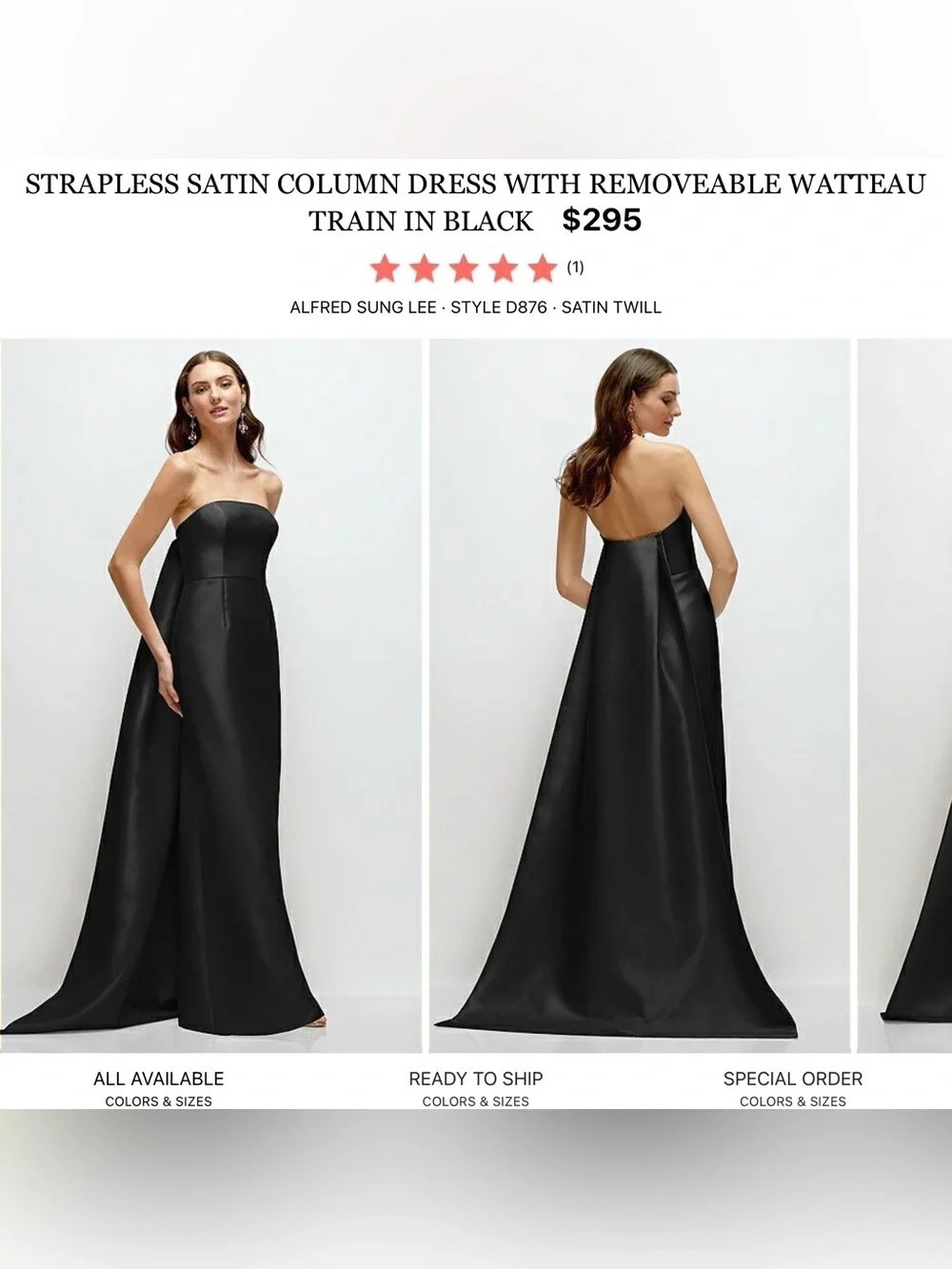 ALFRED SUNG Strapless Black Satin Column Gown with Removable Train - Picture 1 of 7